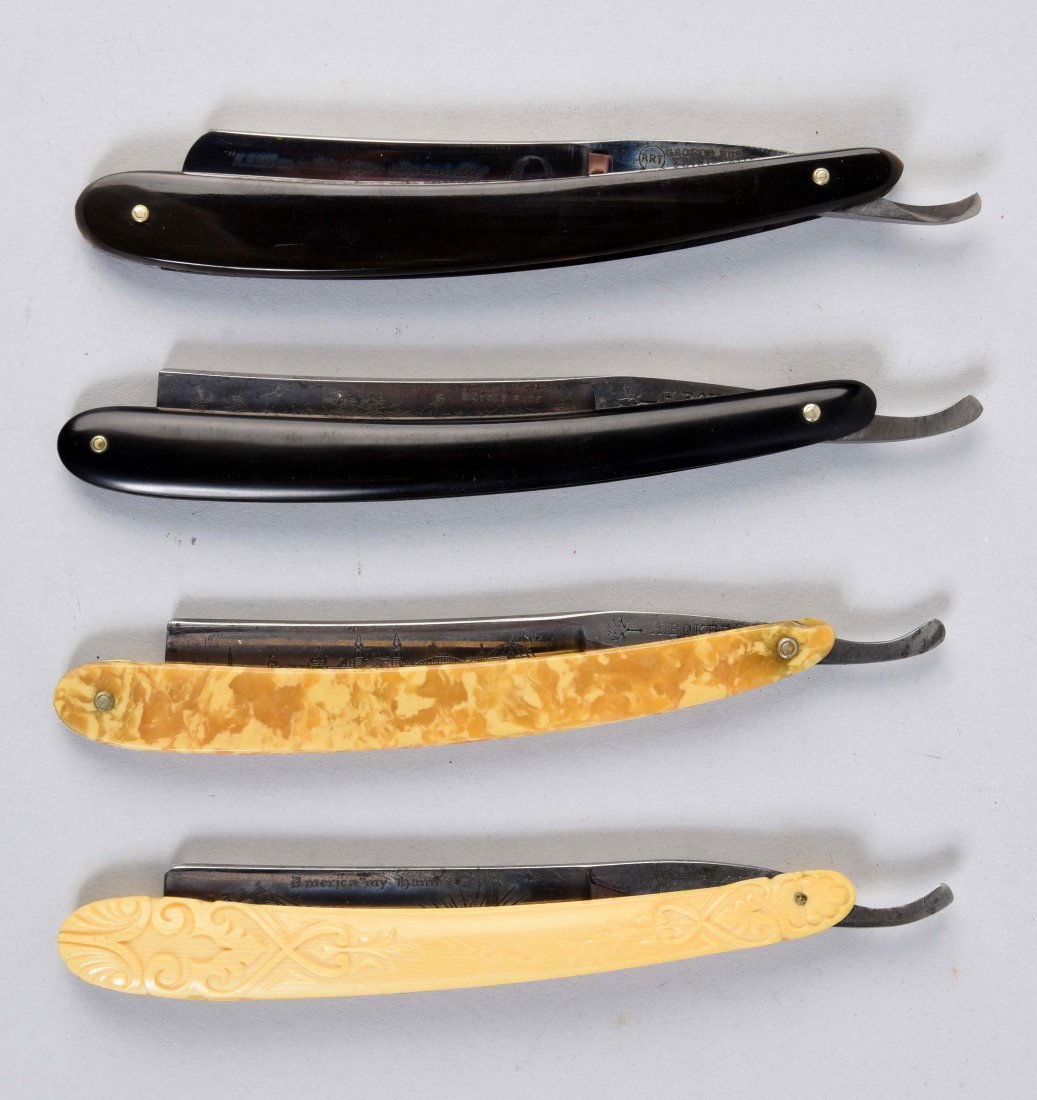Lot Of 4: Various Straight Razors With Etched Blades. (1 of 2)