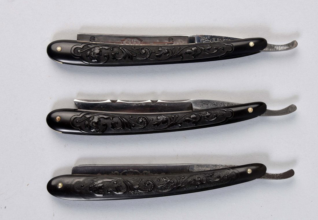 Lot Of 3: Straight Razors With Vines & Bust Of Woman. (1 of 2)