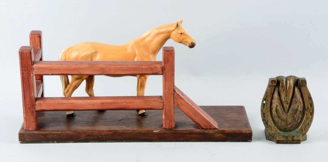 Lot of 2: Cast White Metal Horse & Horseshoe Doorstops. (1 of 1)