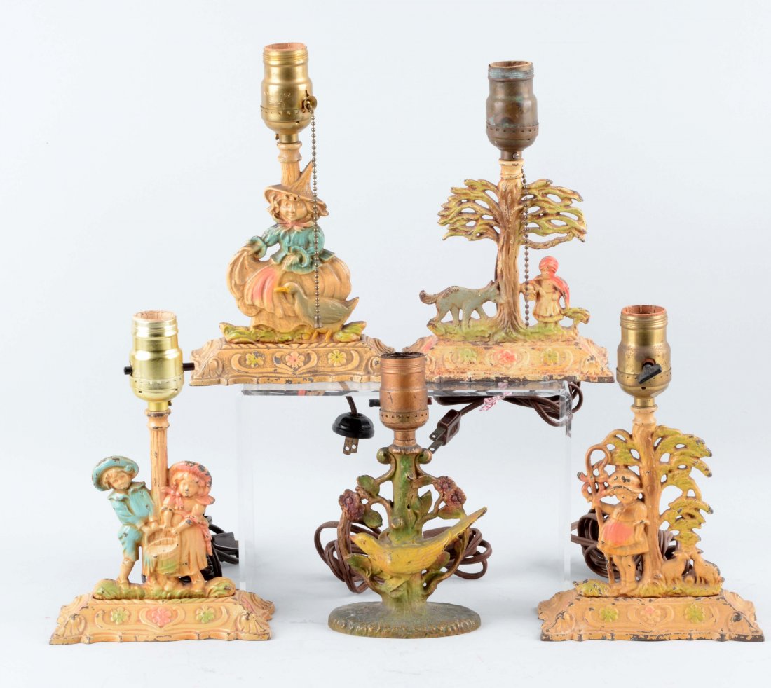Lot of 5: Cast Iron Assorted Figural Lamps. (1 of 1)