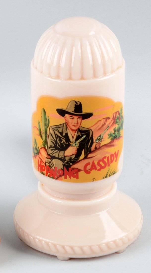 Pair of 1950's Hopalong Cassidy Night Lights.: One is a standing night light for a table and the other is a hanging gun and holster night light. Both have nice decals, made of ceramic and marked "William Boyd" on the bottoms. Both working. (Excell