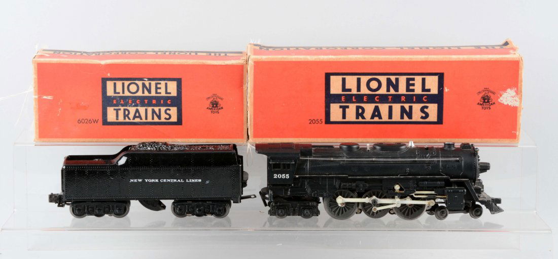 Lot of 2: Lionel No. 2055 Locomotive & No. 6071W: No. 2055 Steam Locomotive - complete and all original, in excellent condition. Original box has insert, missing both ends. No. 2671W Whistle Tender - repainted with incorrect paint, relettered, six wh