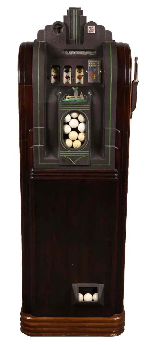 **25¢ Mills Novelty Co. Golf Ball Vender Console Slot: This art deco inspired 3-reel console pays out in golf balls! An older restoration in nice condition. It has an 80" power cord and two keys are included. Circa 1937. (Excellent). 59-3/4"T. x 22"W. x 1