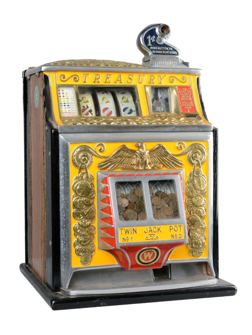 **1¢ Watling Mfg. Co. Treasury Twin Jackpot Slot: This gooseneck bell machine features fortune reel strips and a twin front jackpot. It is a good original machine with a Blue Seal mechanism. Has the original back door and a new cash box. In working c