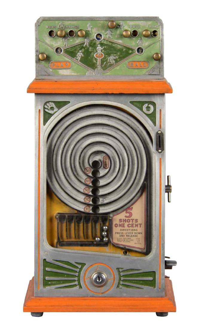 5¢ Pace Play Ball Countertop Arcade Skill Machine: Pace Mfg. and Peo Mfg. collaborated on producing this baseball themed game in 1932. Machine has an older restoration. Two keys are included. (Very Good). 18-3/4"T. x 9-1/2"W. x 7"D.