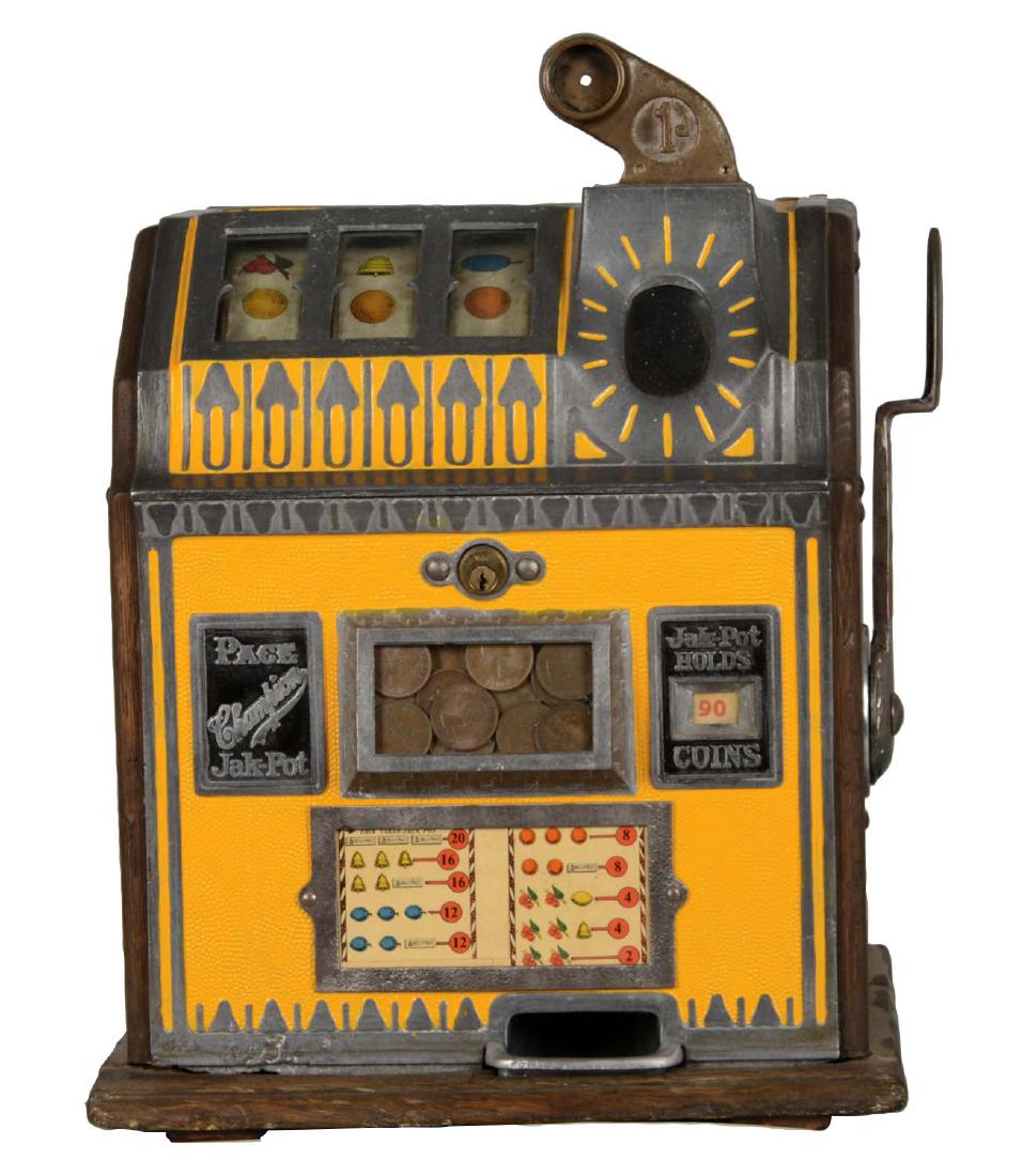 **1D Pace Champion Jackpot Slot Machine: This bright yellow machine operates with old English pennies. The dark wood cabinet is worn but in good condition. Circa 1930s. Includes 1 key. (Very Good - Excellent). 13"D. x 15"W. x 20"T.