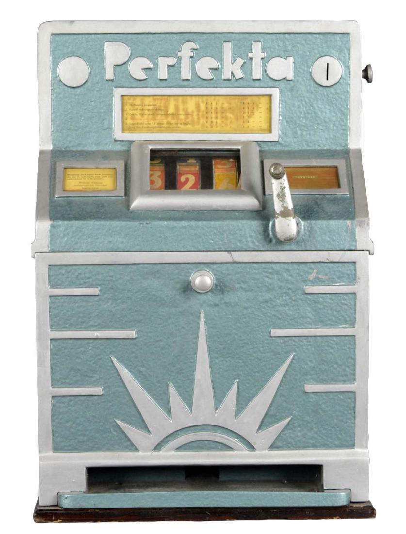 **1D Jentzsch & Meerz Perfekta Slot Machine: This German three reel machine shows an older refinishing with original reel strips, patent and legal age information, and awards card. Includes a key for back door. Circa 1957. (Very Good). 17" x 13-