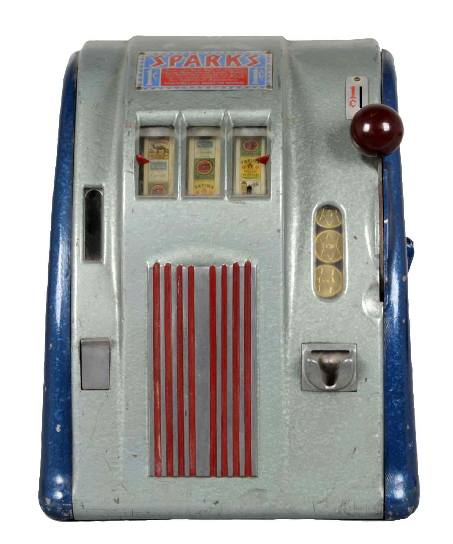 **1¢ Groetchen Sparks Champion Trade Stimulator: For a cent, players receive a ball of gum and the chance to win a token for free plays. Circa 1940s. One key is provided. (Good). 12-1/2"T.