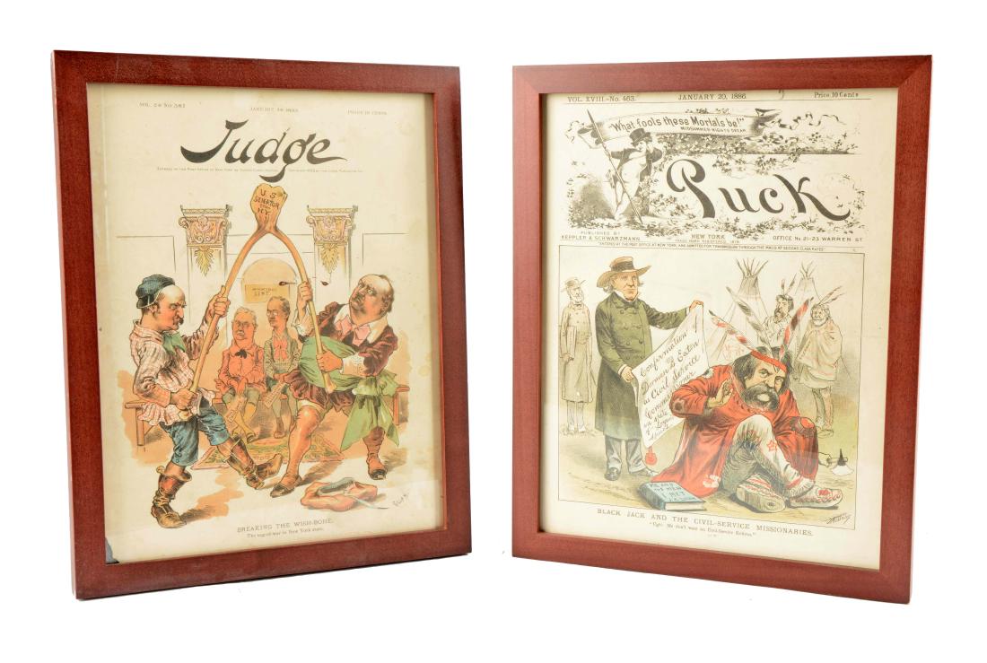 Lot Of 2: Framed "Puck" And "Judge" Illustrations: Beneath glass in matching frames. (Good - Very Good). 11"W x 14"T.
