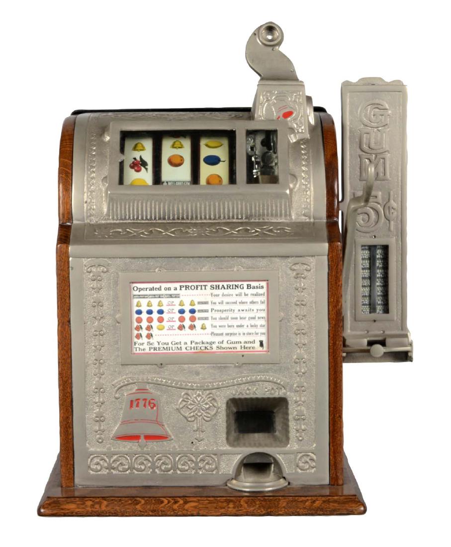 **5¢ Watling Mfg. Co. Cast Iron Model 55 Slot Machine: This three reel side vender gooseneck bell machine is also referred to as the O.K. Jackpot Gum Vender No. 55. This is a very nice original example with replated castings. In working order with the ori