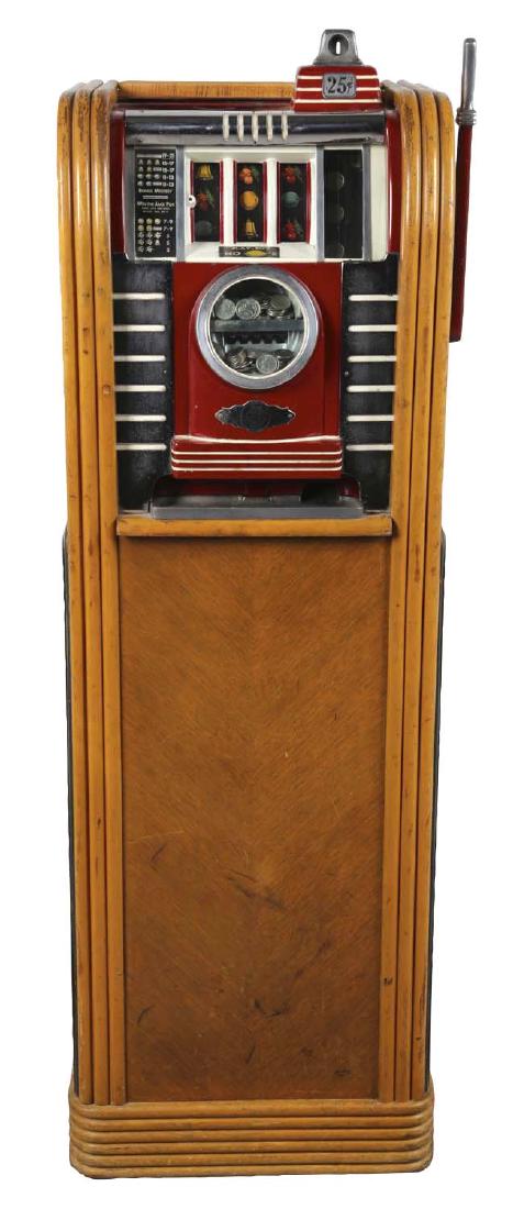 **25¢ Caille Bros. Play Boy Console Slot Machine: This floor model three reel slot machine features a visible escalator and dual front jackpot. Shows original reel strips with "No Lemons" as the front label boasts. Metal machine case shows minor pain