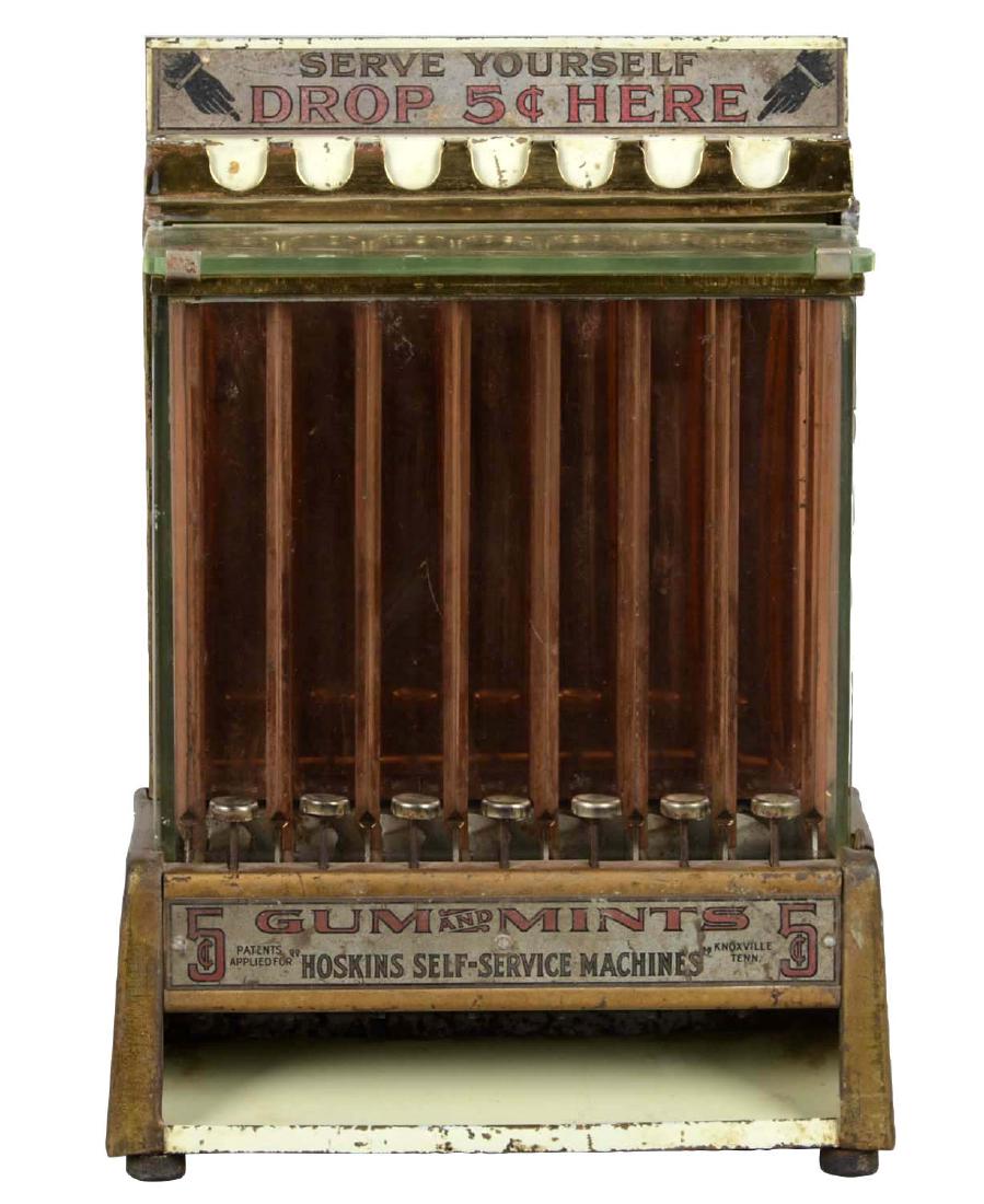 5¢ Hoskins Self-Service Machine: This gum or mint vendor is a nice original example, showing age wear throughout. Top marquee reads "Serve Yourself - Drop 5¢ Here" and shows two pointing hand graphics. Includes key. Circa 1919. (Ver