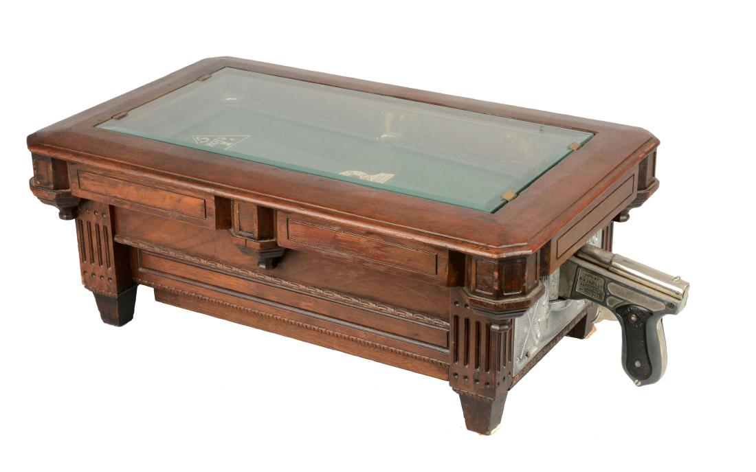 1¢ A.B.T. Mfg. Billiard Practice Table Game: Offered is the "small" version of this game, measuring at 15"W x 30"D x 10"T. The gorgeous dark wood table shows very minimal wear and the green playing field shows some wear from use. For a penny the