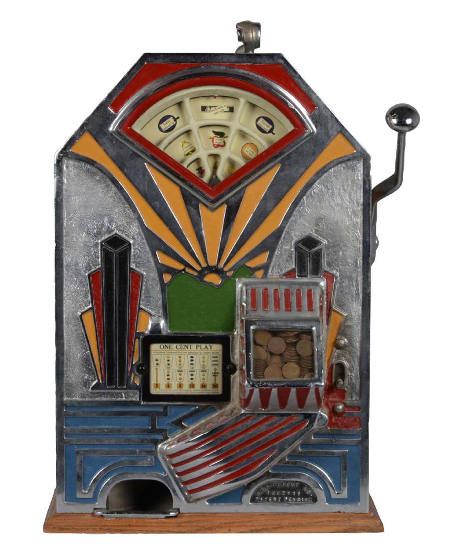 **1¢ Jennings Little Duke Model C Slot Machine: A handsome machine with a brightly colored, nickel plated aluminum front and oak cabinet. This machine has unique original reels. Unlike a standard machine that has three separate vertical reels, this