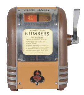 Four Jacks Club-Jack Countertop Trade Stimulator: The Four Jacks Corporation of Chicago made this non-coin operated two reel counter game in 1937. Likely a bar top game that goes, "I'm thinking of a number between 1-99. Whoever is closest buys the ne