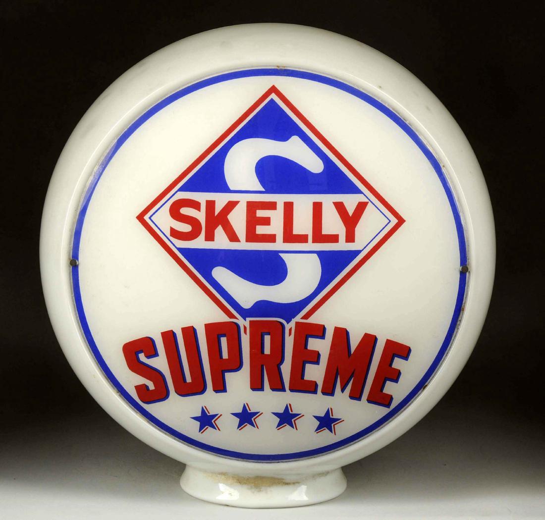 Skelly Supreme (gas) 13-1/2" Globe Lenses.: On a wide glass globe body. Both lenses have tiny paint chips. Body is good. (8.9). 13-1/2" Dia.