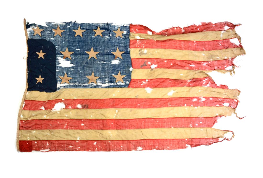 Large, 13-Star US Flag, 19th Century.: Large flag, approximately 6 foot hoist by 8 foot fly, consisting of a blue wool bunting canton bearing 13 5-point stars of cotton broadcloth and a ground of 13 alternating stripes (7 red and 6 white)