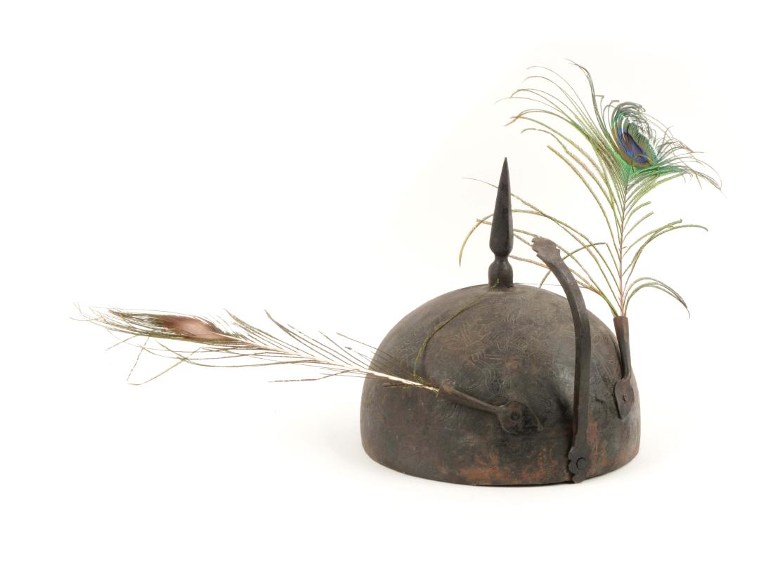 Mongolian Style Helmet W/ Spike & Peacock Feathers: Several men/women etched on the helmet. Large area of rust inside.