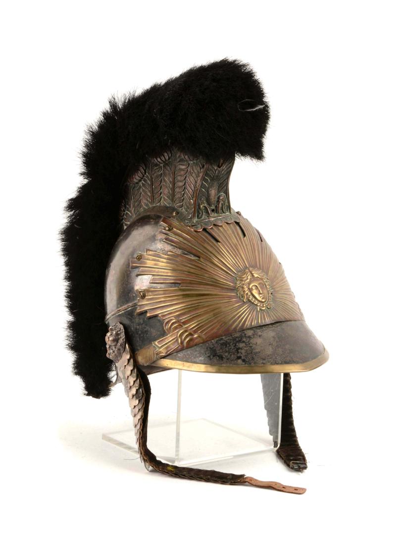 French, Garde du Roi, Late 19th Century Helmet.: Helmet with brass plate with Mercury face. Crest with loose faux black bear. Two lion retainers with brass scale chinstraps. No lining. Scratches and small dents.