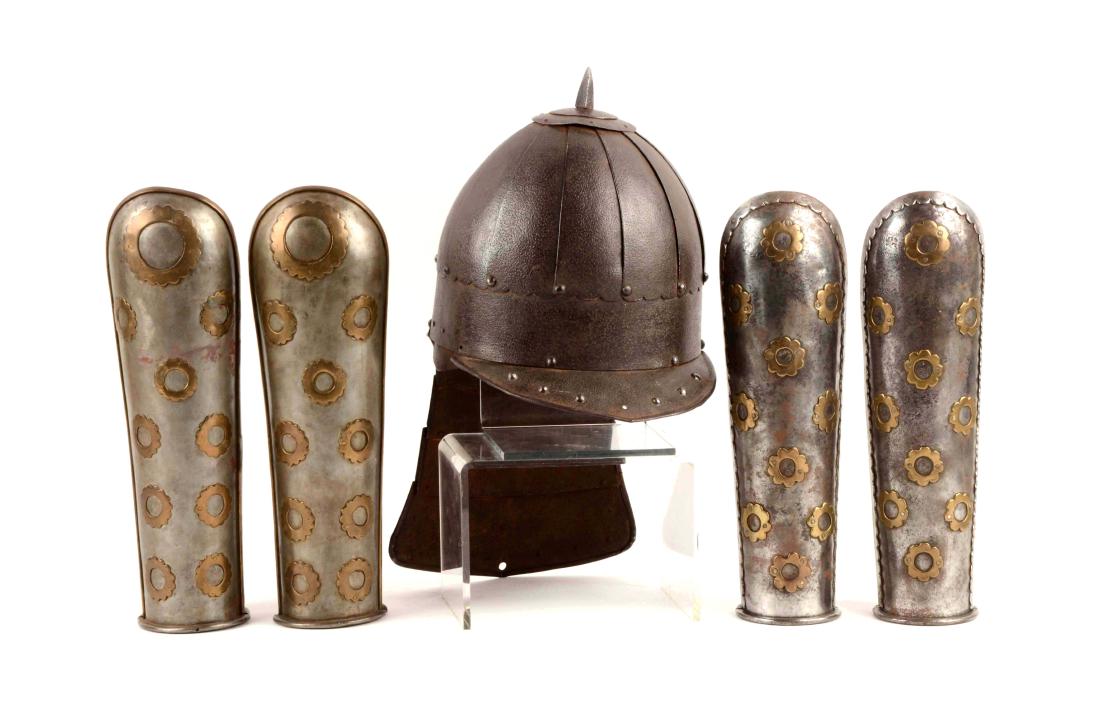 Lot of 5: Islamic Helmet and Arms Guards ("Bazu: Islamic helmet with spike at top of helm and lobster-tail neck guard. No lining. Traditional form in use from 17th-19th century, although probably the latter. Crown made of twelve tapering panels of s