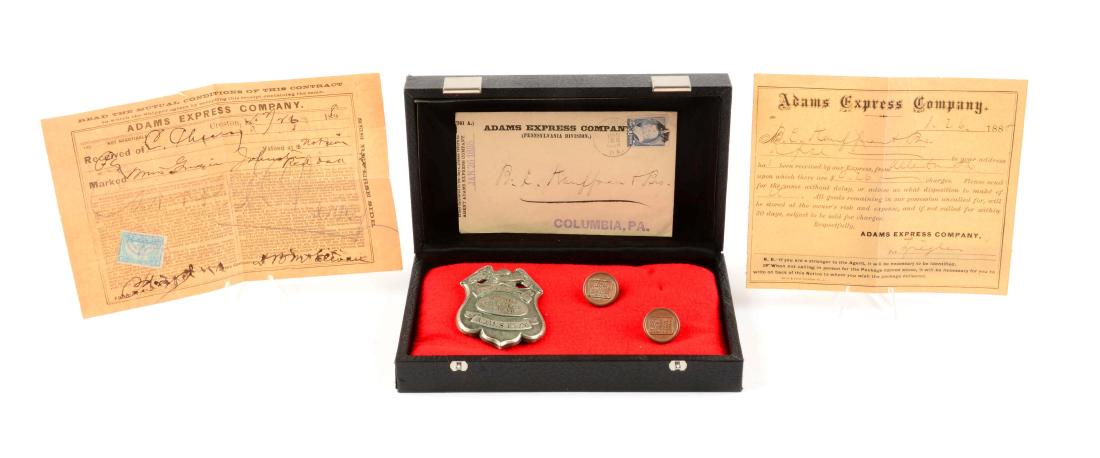 Vintage Adams Express Collection.: The Adams Express Company was similar to Wells Fargo that they shipped and guarded precious metals, documents, bank transfers, etc. The collection includes a 19th century inspector's badge stamped "Wa