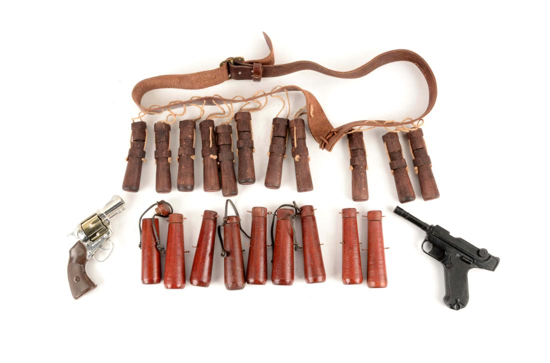 Lot Of 4: two repro 17th bandoliers and two toy guns: Including: 1-2) two (2) sets of reproduction 17th century musketeer's bandoliers or "Twelve Apostles", each being a leather shoulder belt with 2-piece wooden powder chargers or flasks attached by cord