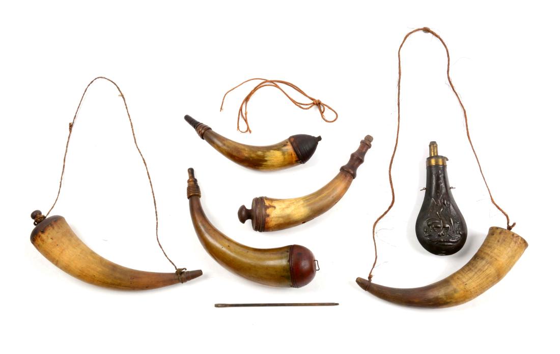 Lot Of 6: Screw Tip Powder Horns, Horns & Powder Flask.: Two screw tip powder horns including a very nice Center County screw tip powder horn with red stained domed butt showing a turned bead at base and having a wide staple and thorn attachment method. For