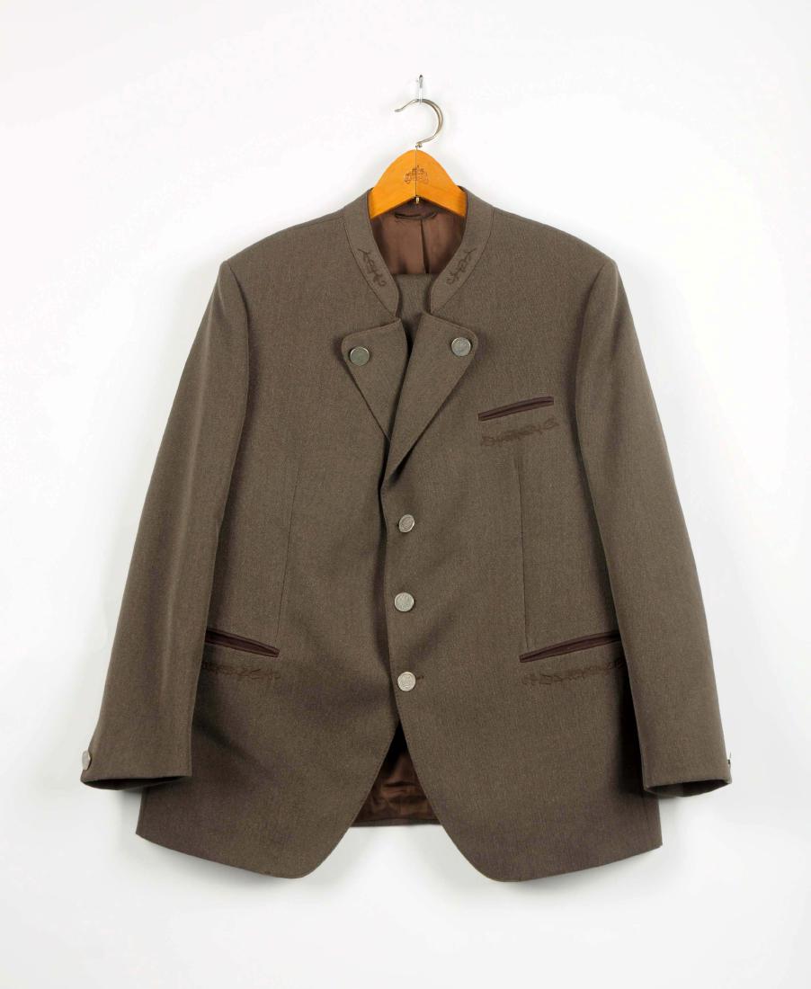 Alpine Coat and Trousers with Coin Buttons.: Grayish brown, Bedford cord. Jacket and trousers. Mid 20th century Alpine style with machine embroidery on short standing collar and below welted pocket slits. Very good condition.