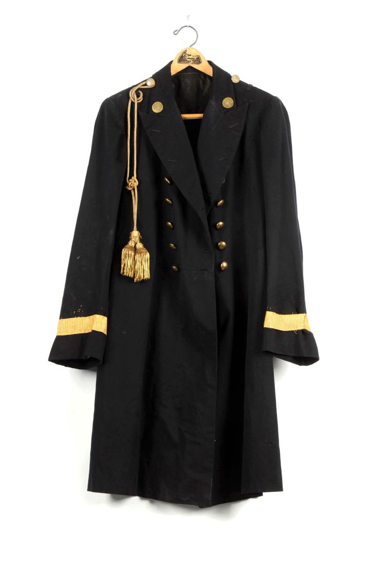 Frock Coat.: Dark blue wool double breasted frock coat with turn-down collars with cypher. Shoulder board and brass buttons. Bullion lace cuffs with two rows of buttons. Gold aiguillette and toggles on shoulder. B