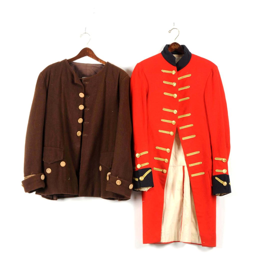 Lot Of 2: American Rev. War. Reproduction Uniforms.: 1) Single breasted with nine buttons and gold button holes by 3s. Scarlet body with blue standing cape and cuffs and white cotton lining. Slash cuffs with three buttons and gold lace holes. 2) Brown w