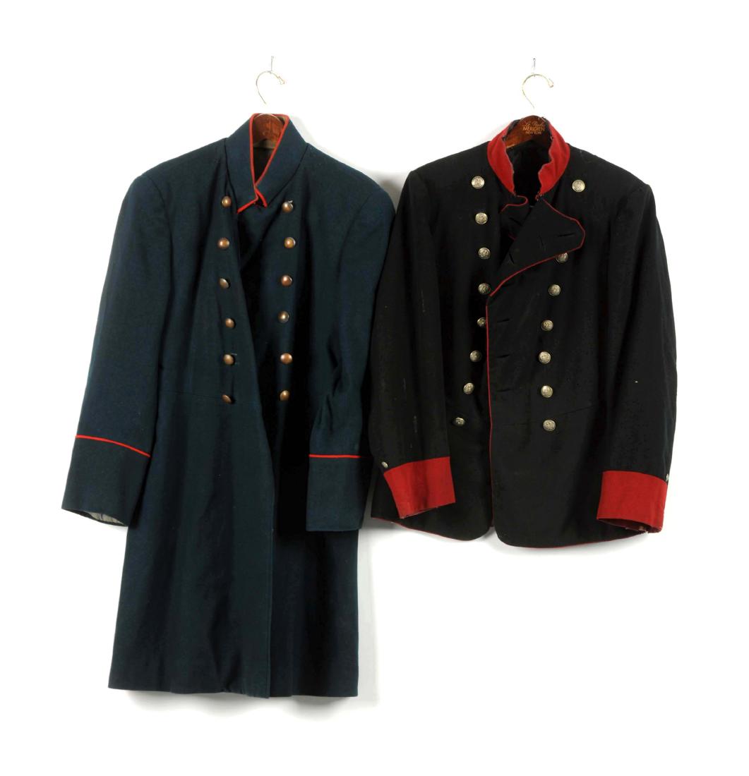 Lot of 2: Russian Frock Coat & Tunic.: Comprised of: 1) Double breasted frock coat or surtout of Saxon blue wool with scarlet piping around standing collar, lapels, cuffs and pockets. Convex brass buttons with traces of silver wash. Button