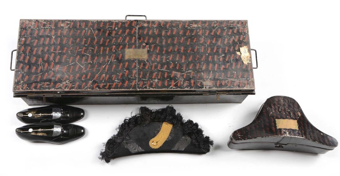 Lot Of 15: British Officer or Diplomat Ensemble in a: Container has a brass plaque on top that is marked "E.A. Fellowes, Esq.", side handles, sliding latches on the front with a small lock. It has three old shipping labels, scratches and small dents. Con