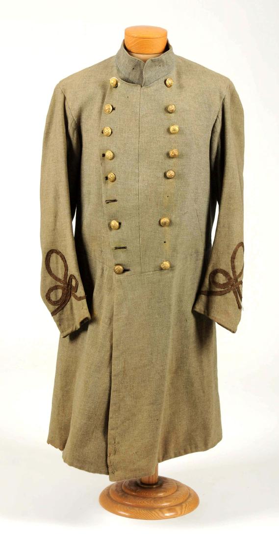 Confederate Officer's Frock Coat.: Double breasted frock coat of grey twilled wool, heavily faded. Appears to have been altered from a post war Confederate Veterans frock coat. U.S. general service buttons backmarked, "EXTRA QUALITY". 