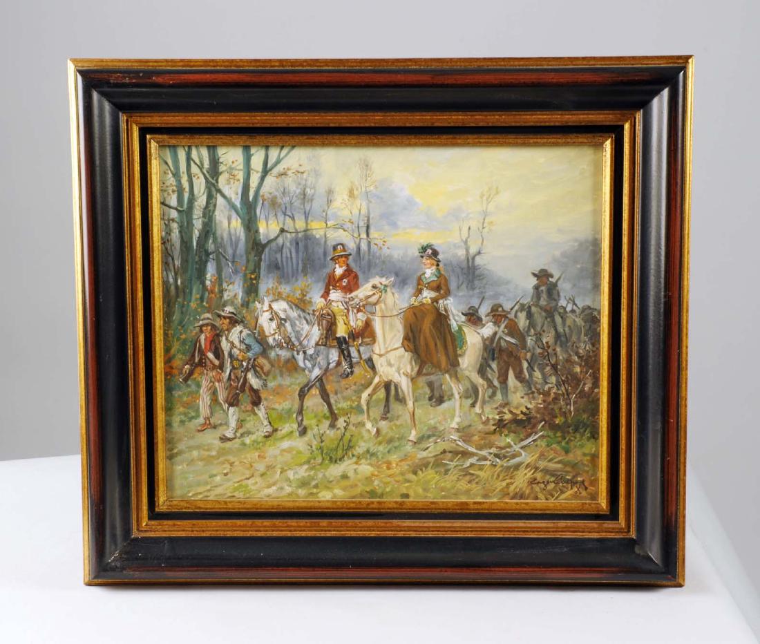 French Revolutionary Scene by Eugene Leliepvre: Oil on canvas, 13 x 16 inches, within carved frame. Painted by the late Eugene Leliepvre (1908-2013), noted French military artist and painter to the Musee de la Armee in Paris. Scene shows mounted an