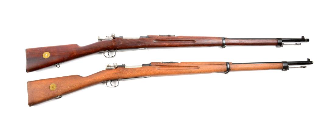 (C) Lot Of 2: Swedish Mauser Model 96 Military Bolt: Gun (A) is a Carl Gustafs 1916. Matching numbers on frame and four times on bolt assembly. Front barrel band stamped "716", rear barrel band stamped "330". Bolt release and buttplate stamped "003". Fl