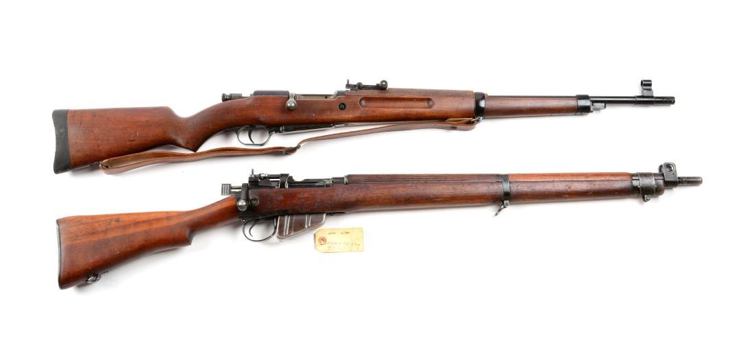 (C) Lot Of 2: Military Bolt Action Rifles.: Gun (A) is a Columbia manufactured Madsen Mg/A. This is a bolt action, magazine fed Madsen model military style rifle with a one piece pistol grip walnut stock, short forend, military sights, ported b
