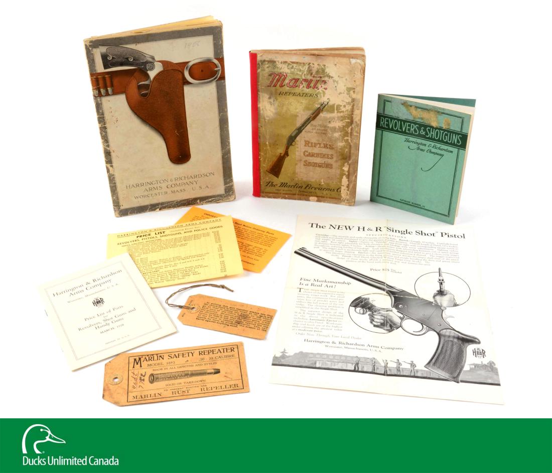 Lot of H&R & Marlin Ephemera.: Includes a 1915 Marlin catalog, a fine and rare original Marlin Model 1893 cardboard hang tag, a fine Marlin instruction tag for takedown lever action rifles, an original 1908 H&R catalog, 1928 H&R pr