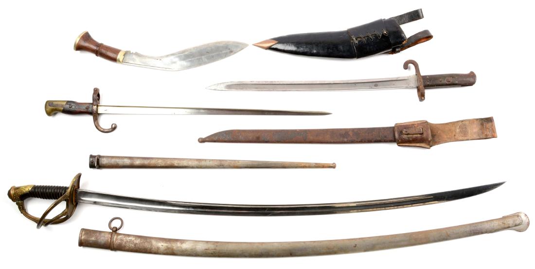 Lot Of: French Cavalry Saber & Bayonets.: Comprising: French Model 8122 light cavalry officer's saber. Curved single fuller blade, one side marked with French proofs and the spine inscribed with French Model 1822 markings. Brass hilt adorned 