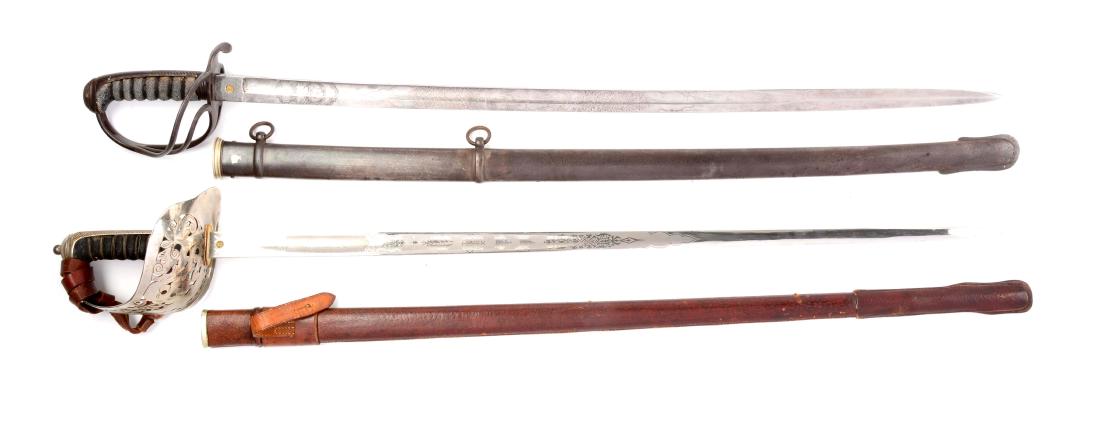 Lot Of 2: British Infantry Officer's Swords.: A) Unsharpened tapered straight single fuller steel blade, one side marked "S.J. PILLIN/31 GERRARD ST/LONDON/W" and with large etched panel of crown over intertwined "GR/V", other side with five-point