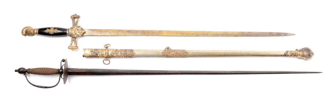 Lot Of 2: 18th Century Small Sword and Masonic Sword.: Comprising: A) Triangular tapered steel blade decorated with engraved designs typical of the period. Oval iron guard with chiseled pie-crust border and diamond sectioned steel pommel. Grip wrapped wit