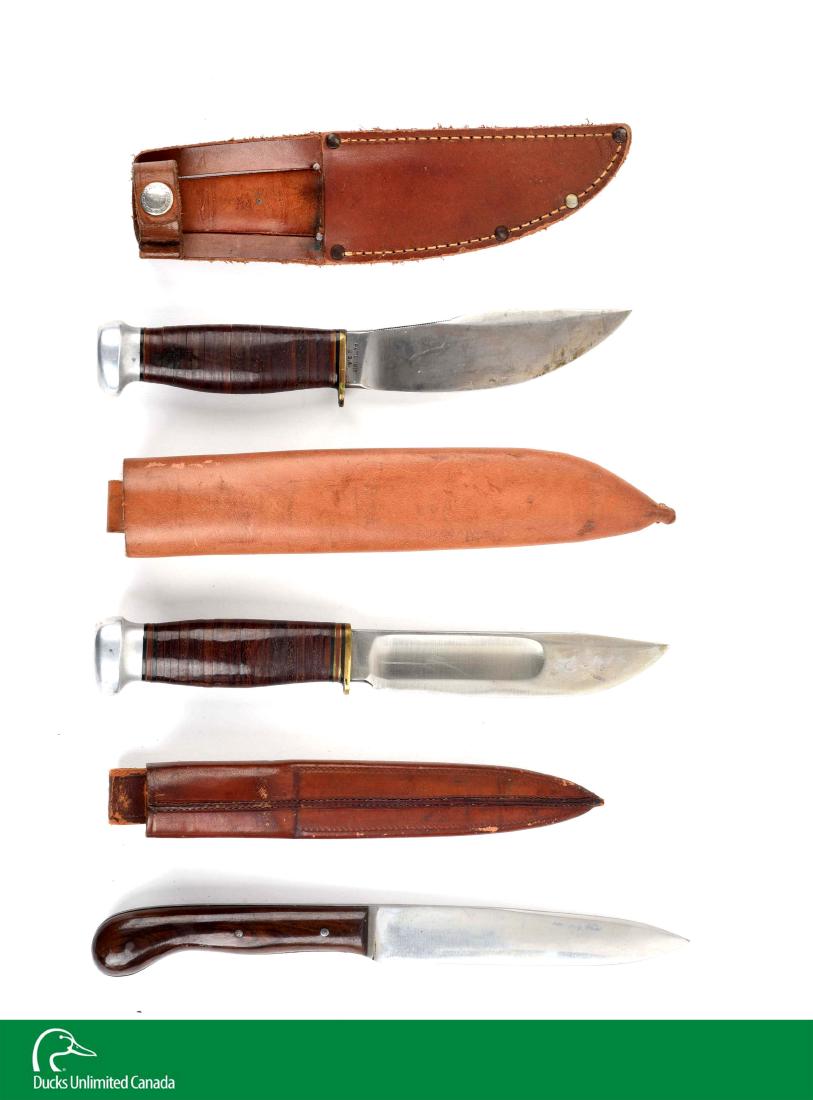 Lot Of 3: Quality Hunting Knives.: Knife (A) is a Marbles of Gladstone, Michigan, No. 41 Ideal drop point with 5-1/4" blade, standard layered wood handle, aluminum pommel and an unmarked leather sheath. Blade is sharp with strong marki