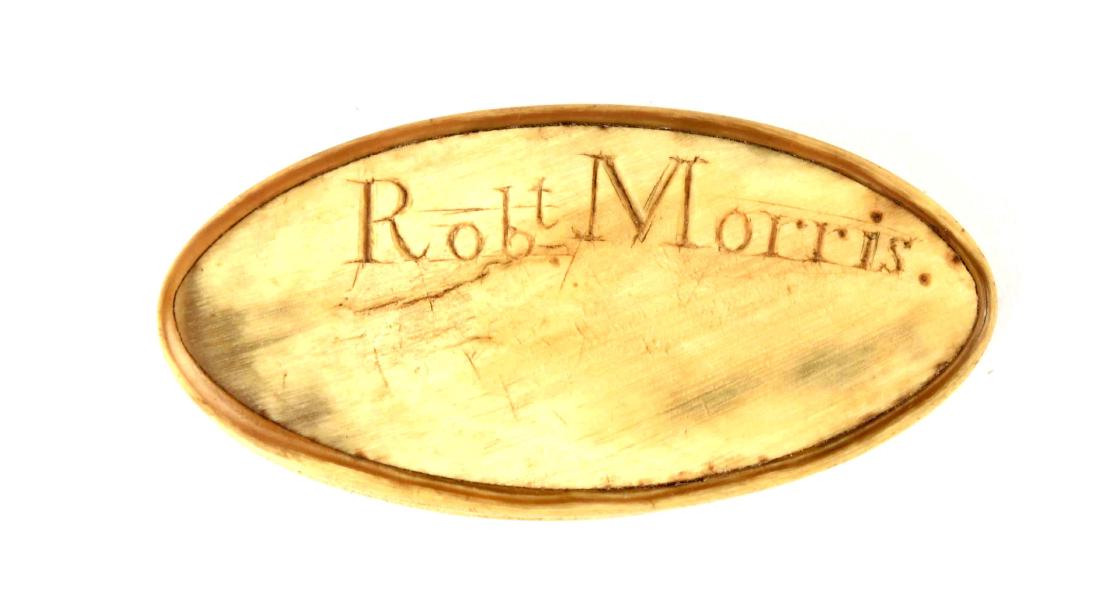 Robert Morris Snuff Box.: This is an 18th century oval horn snuffbox. The lid is inscribed "Robt Morris.", showing possible ownership to Robert Morris, financier of the Revolution, signer of the Declaration of Independence, an