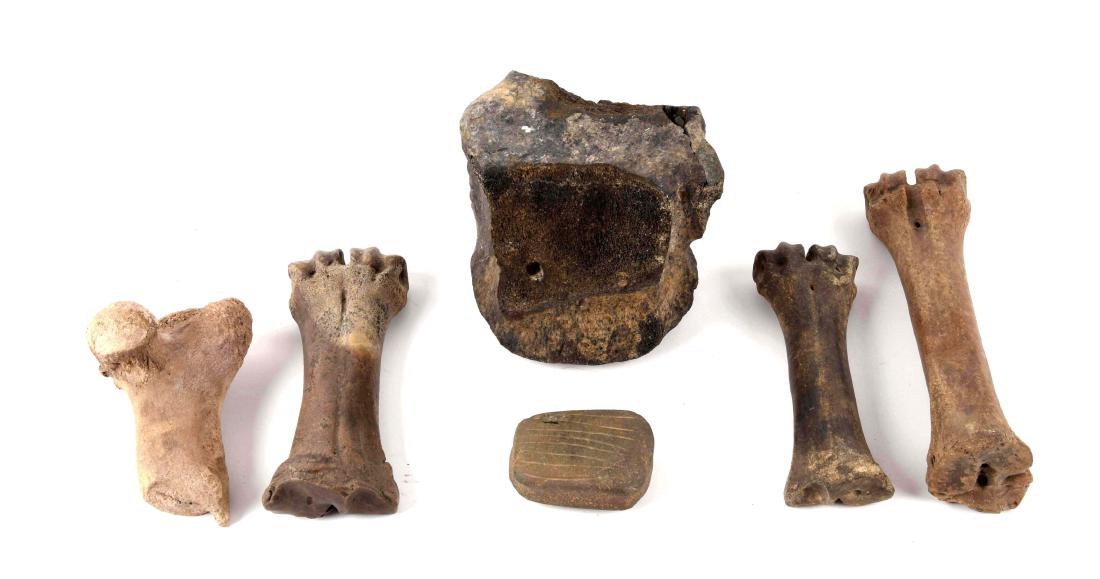 Lot Of Early Bone Tools and Grindstone.: This is from a collection of Native American Indian items. They were all found in Ohio. Each have a wonderful deep dark patina from age. The vertebrae piece measures. Some general wear from age and us