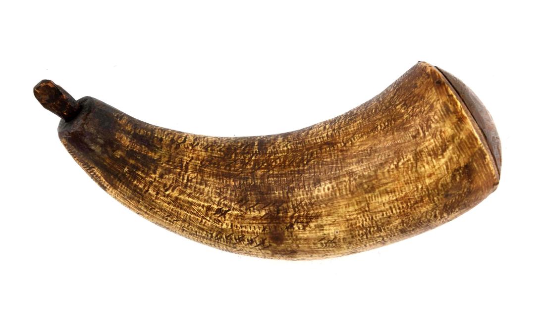 Priming Horn Dated 1776.: This small powderhorn has a wonderful horn inlay dated 1776. It was most likely used as a shot bag or priming horn. There is a nice dark patina to the horn. There is a small area of moth holing. Measu