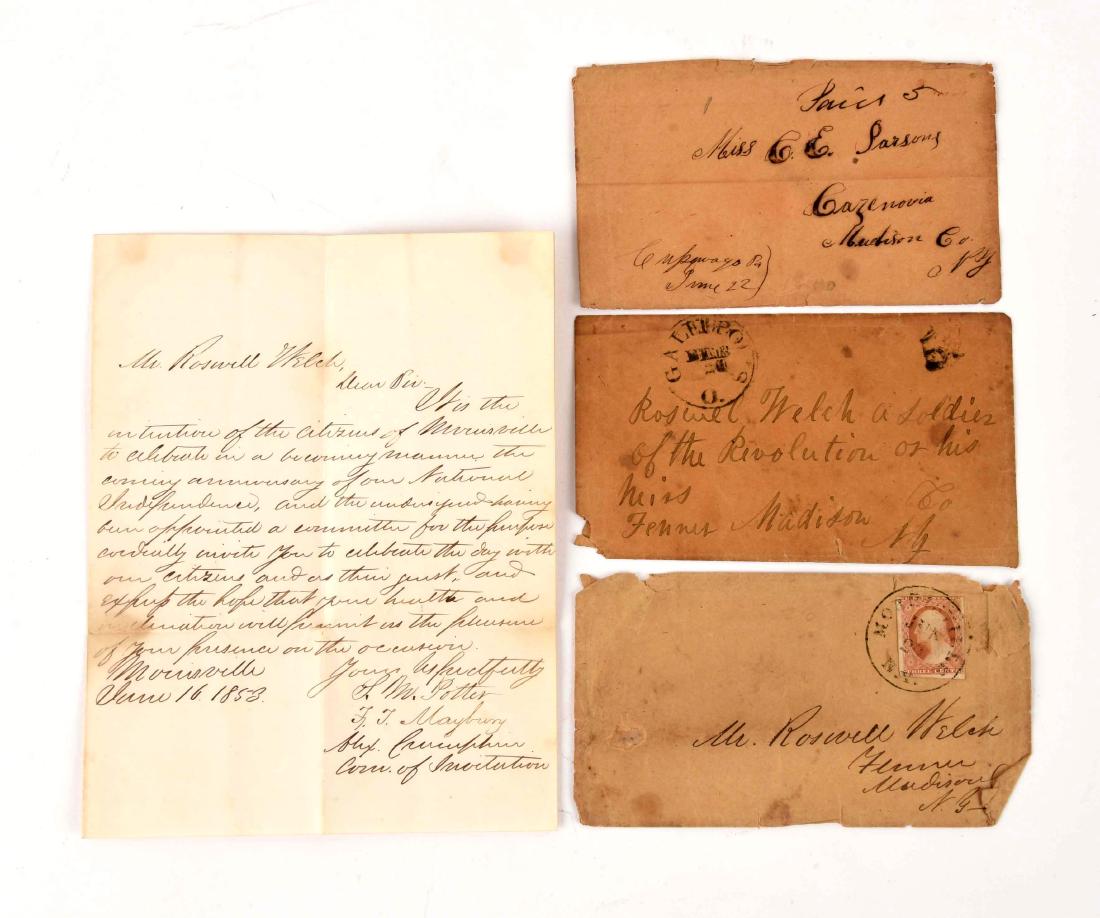 1853 Invitation to Revolutionary War Veteran to Attend: Mr. Roswell Welch, Dear Sir, It is the intention of the citizens of Morrisville to celebrate in a becoming manner the coming anniversary of our National Independence, and the undersigned having been a
