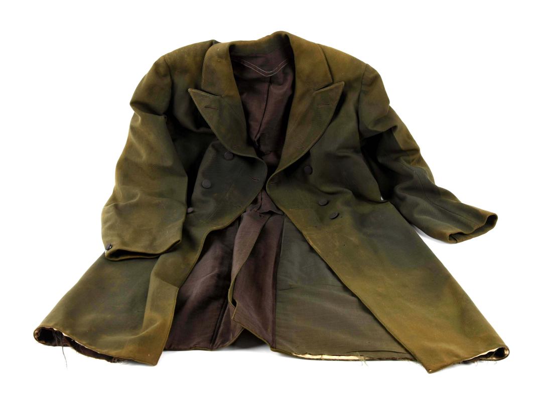 Civilian Double Breasted Frock Coat.: Green twilled wool with glazed surge lining. Cut of coat dates it to the 1870 period. Marked inside pocket "Major C. Beaudine/6th Va. Cavalry", probably written by owner, who was a veteran, by family 