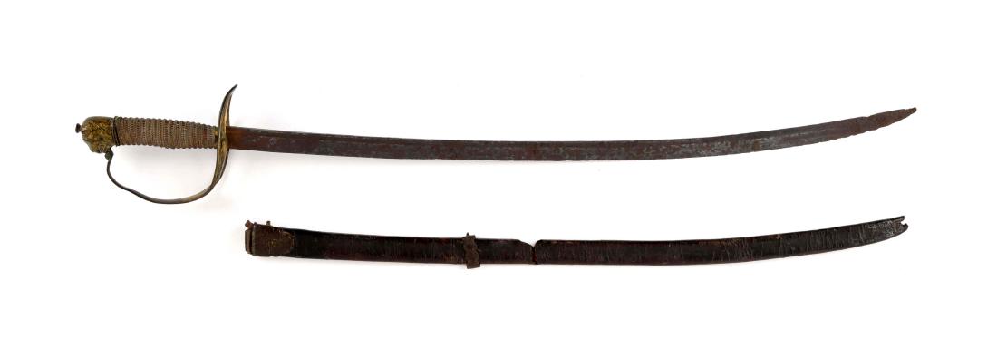 Brass-Hilted American Lion Pommel Officer’s Sword with: Unmarked, slightly curved, double fuller steel 27 inch blade. Gilt brass hilt, four slot guard, gilt brass lion’s head pommel, copper wire wrapped copper grip. Complete with brown leather scabbard w