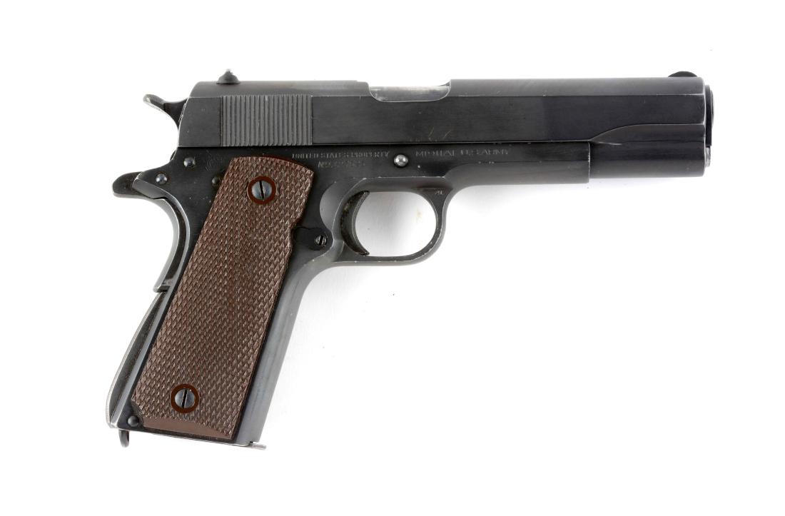 (C) WWII Colt Model 1911-A1 Semi-Auto Pistol.: Manufactured 1943. Left side of frame has the "G.H.D" (Guy H. Dewey-June 1942 to July 1945) inspector stamp, proof "P" stamp near magazine release. Right side of frame has "U.S. Army" and "U.S. Proper