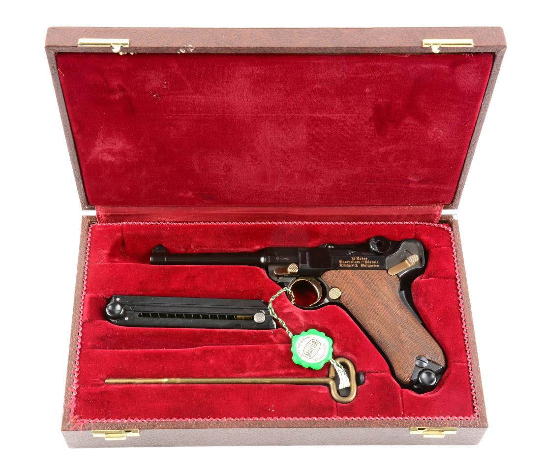 (M) MIB Scarce Mauser 75th Year Bulgarian Parabellum: Commemorative 1978 Mauser Parabellum Luger with a limited production of 250. Top of barrel is marked ".30 Luger" and commercial N proofs on the frame rail and left side of the barrel extension, with "