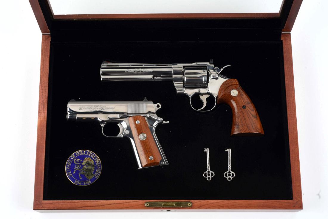 (M) Case Colt Double Diamond Commemorative Revolver &: A total of 1,000 Double Diamond sets were produced in 1986 only. One of the most handsome sets ever produced by Colt, and due to the Python, one of the most desirable. Gun (A) is a Colt Officer's Mode